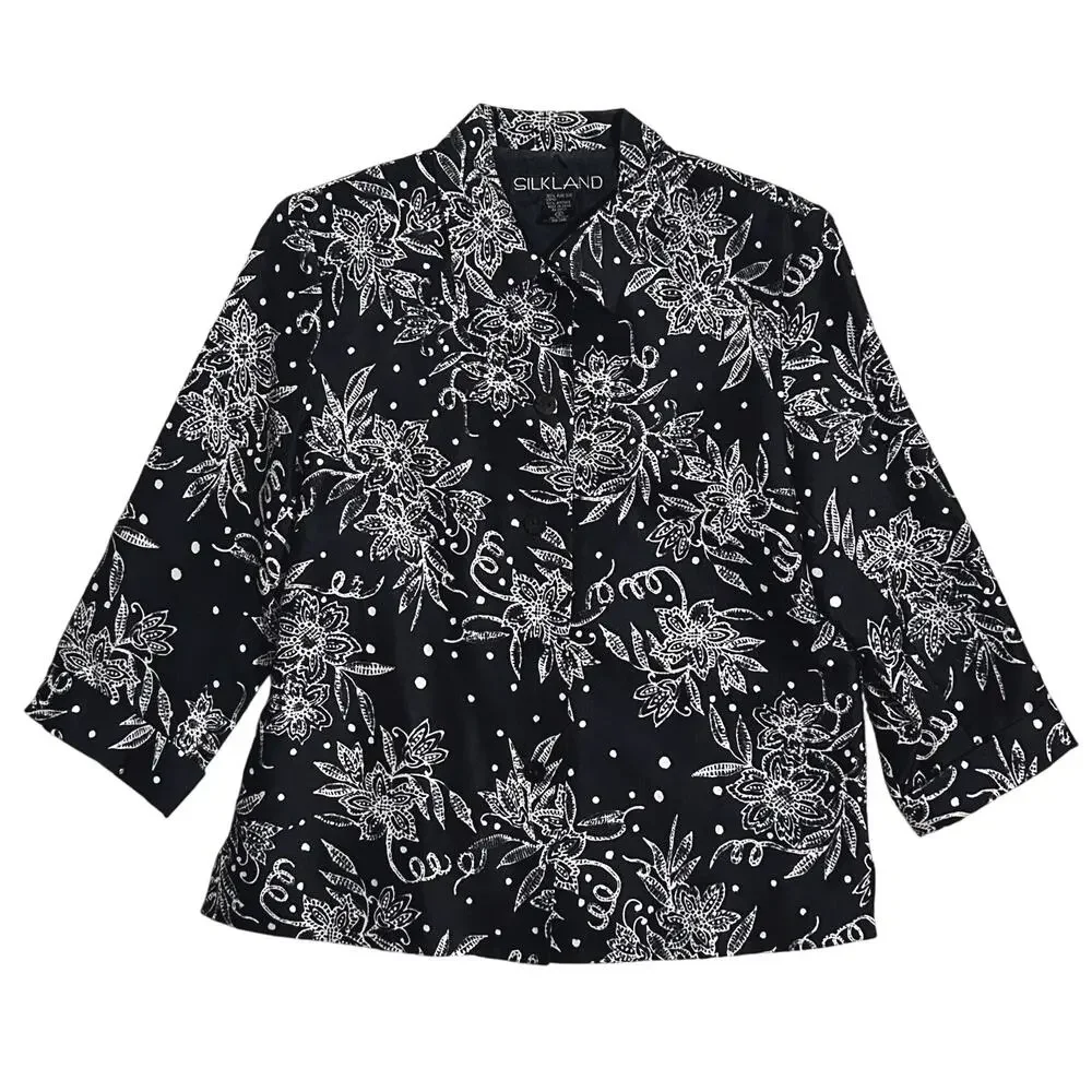 Silkland Pure Silk Floral Print Black & White Jacket / Blazer Size 6
